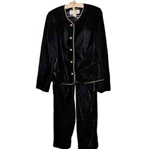 Vtg Norton McNaughton Velvet Pajama Set Womens 12 Black Gold Trim 90s Loungewear